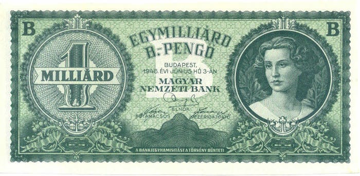 1 billion Bpengö or one milliard Bilpengö issued during the Hungarian hyperinflation in 1946